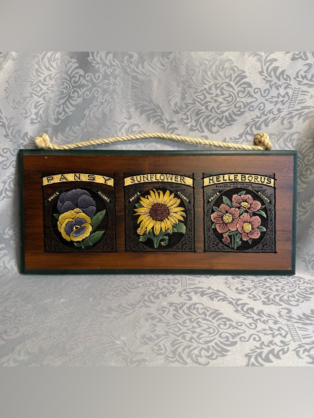 Vintage Folk Art Carved Engraved Wood Painted Wall Plaque Flower Garden